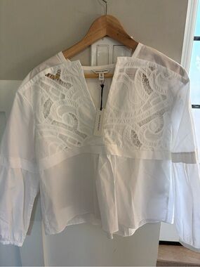 Banana Republic White Lace Yoke Split V Blouse